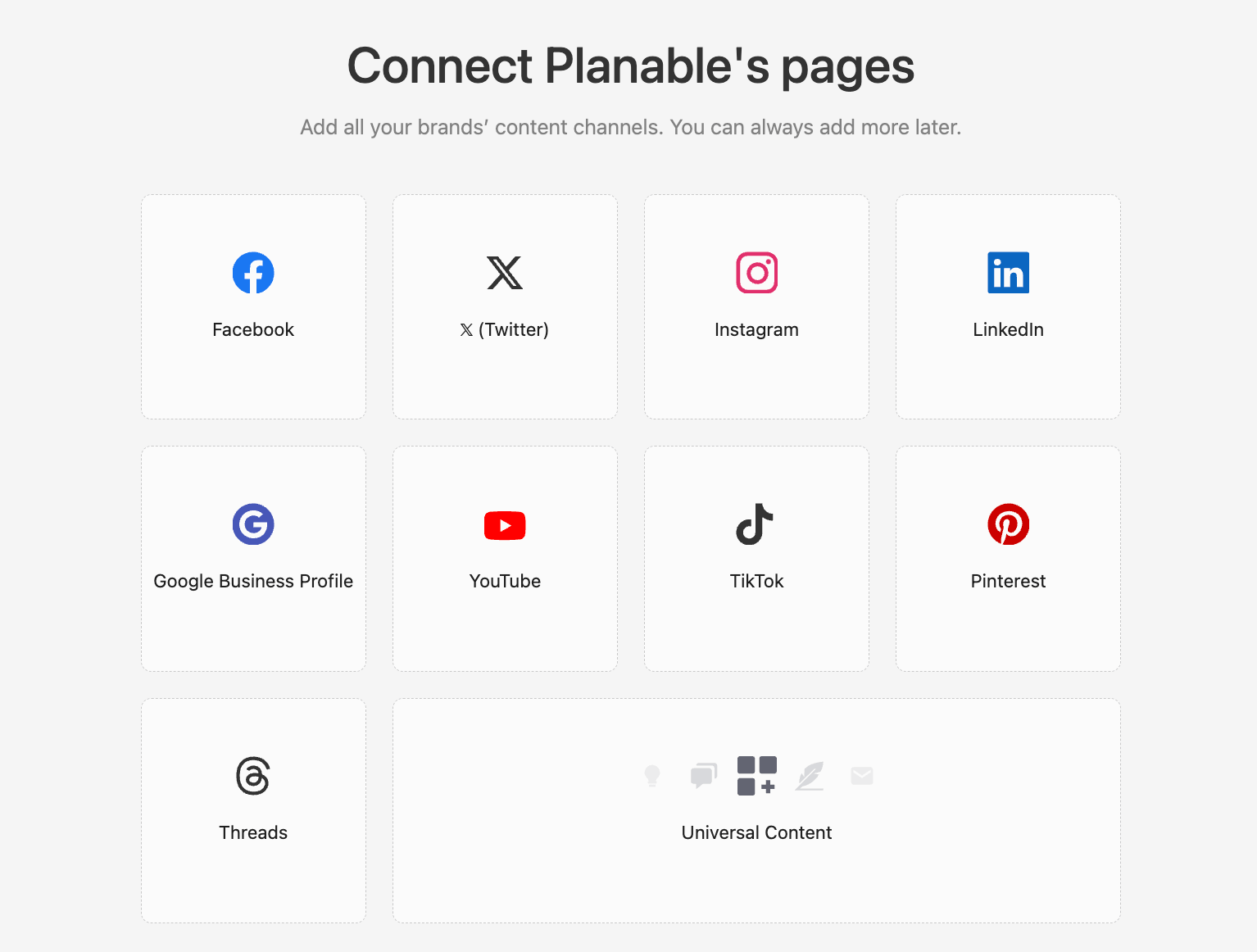 Interface in planable showing options to connect Planable to social media platforms like Facebook, Instagram, LinkedIn, TikTok, and more.