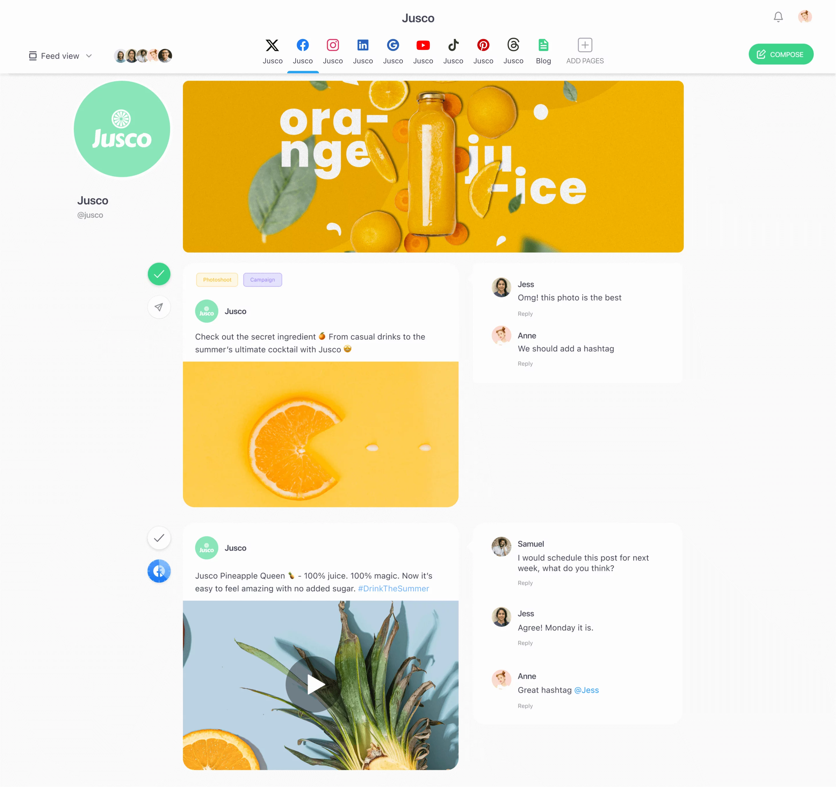 Social media feed preview in Planable, showcasing orange and pineapple juice posts with comments and collaboration notes.