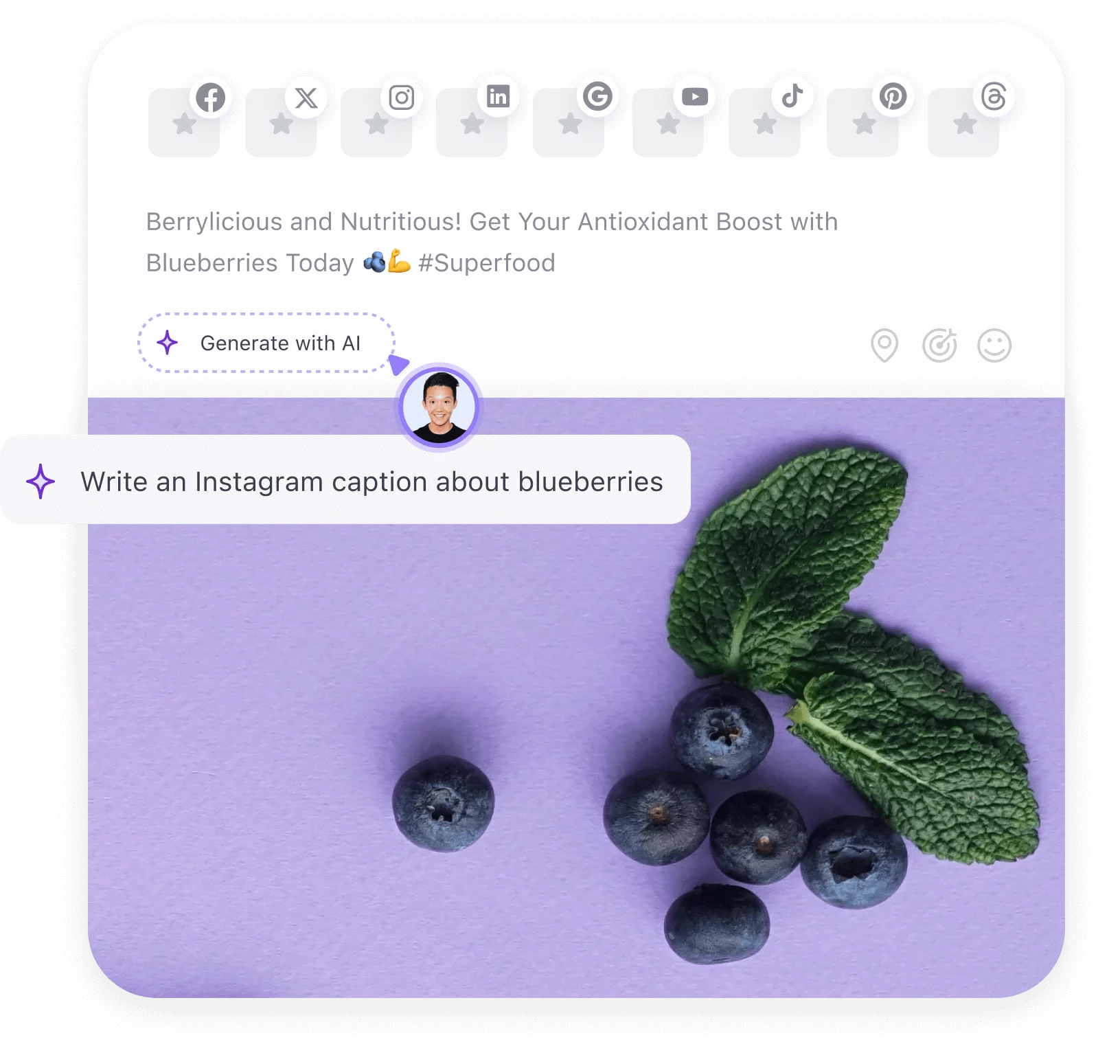 Social media post draft in Planable featuring blueberries with AI-generated Instagram caption suggestion, emphasizing health benefits and antioxidants.