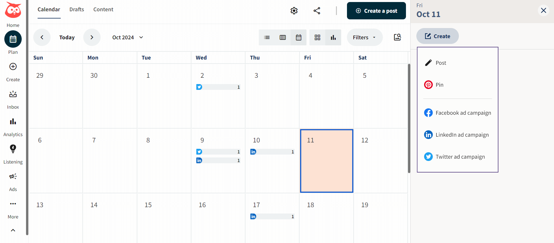 Social media calendar interface of Hootsuite with scheduled posts and options to create new posts or campaigns for various platforms.