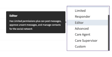 User role selection menu with options like Limited, Responder, Editor, Advanced, Care Agent, Care Supervisor, and Custom, with a description for the "Editor" role in Hootsuite