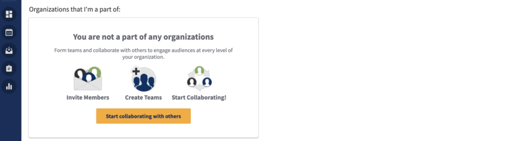 Message stating no current organization memberships with options to invite members, create teams, and start collaborating in Hootsuite