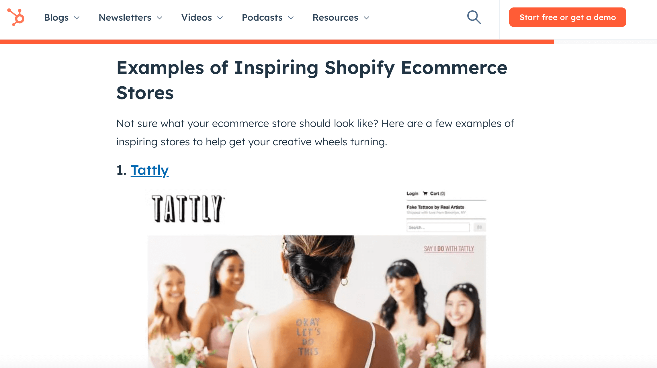 Blog page highlighting inspiring Shopify stores, featuring Tattly with an image of a bride showing a temporary tattoo on her back.