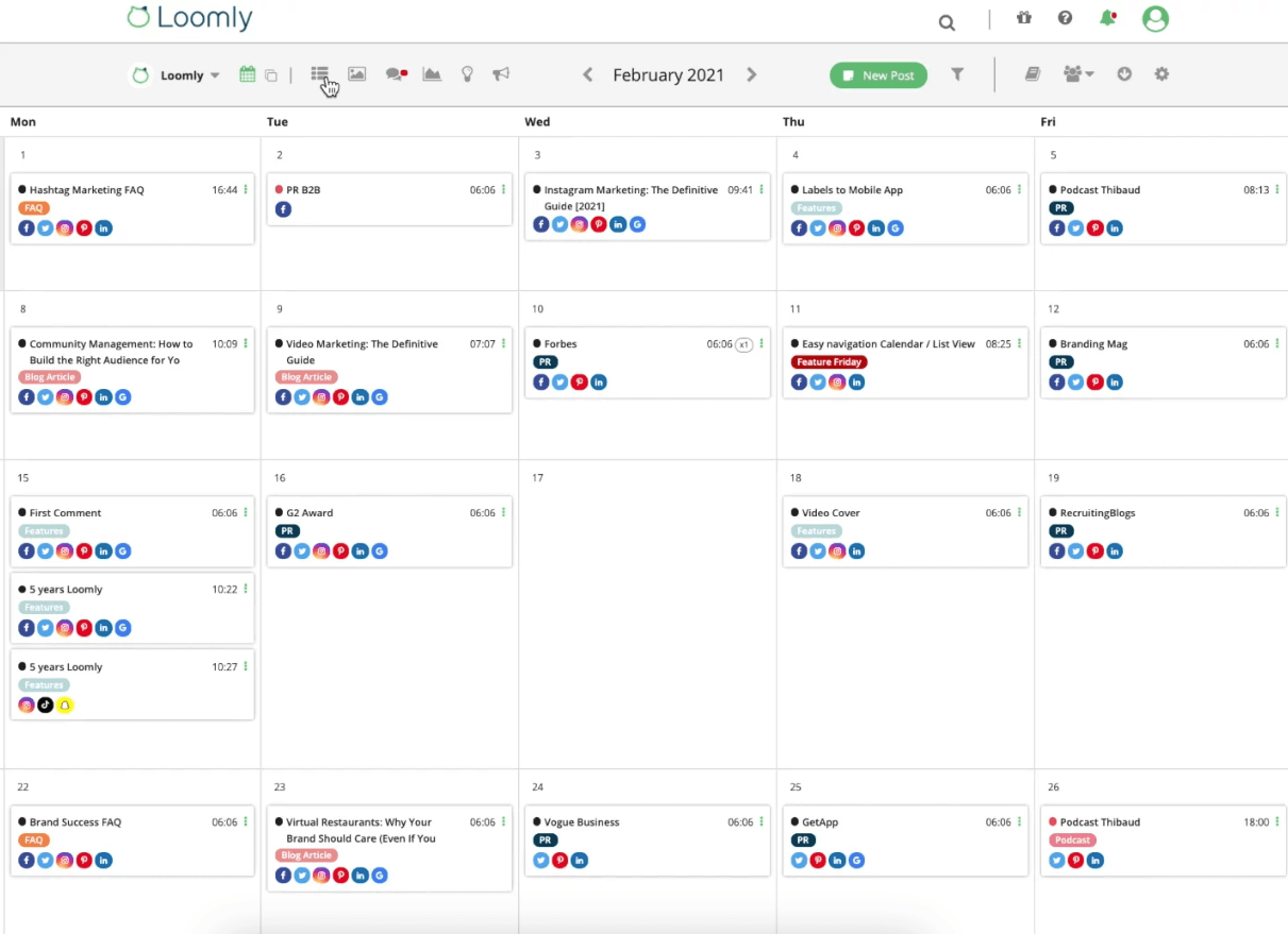 scheduled social media posts in loomly's calendar view