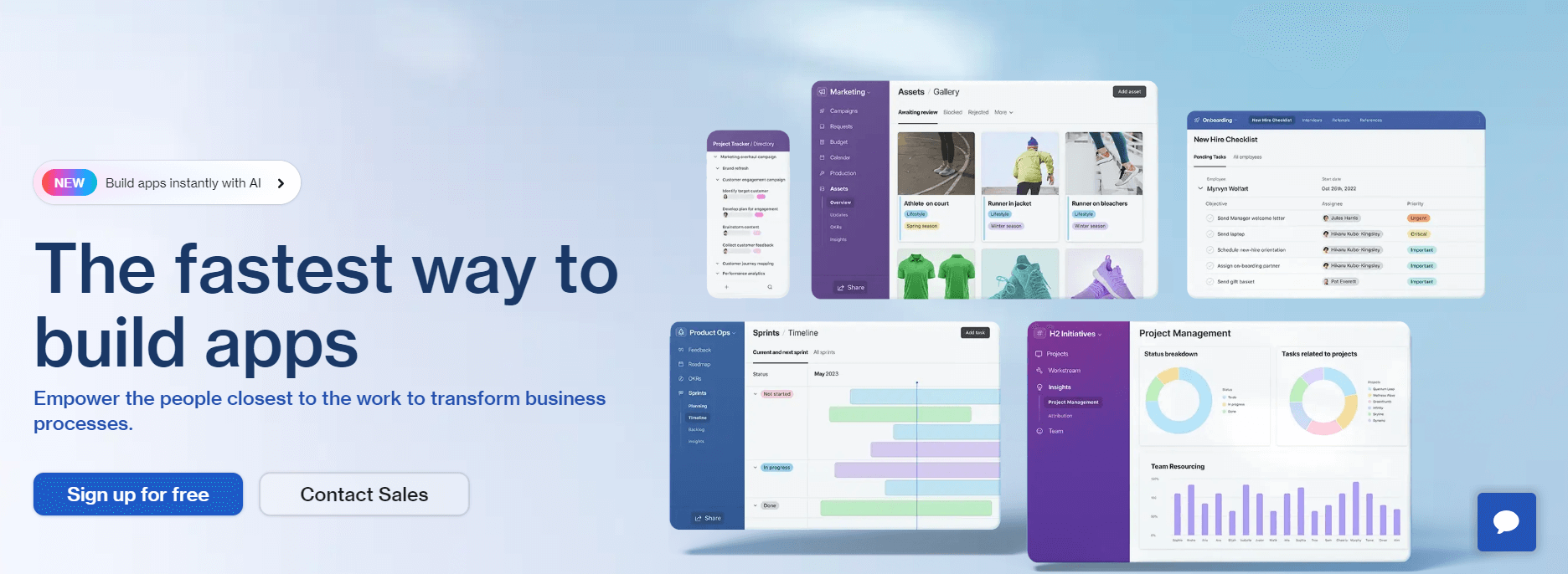 Landing page showcasing a platform for rapid app building, featuring AI-assisted tools and workflow management visuals.