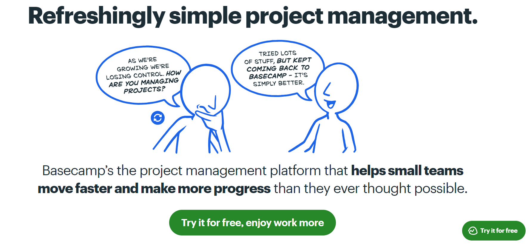 Basecamp banner with two illustrated characters discussing project management, highlighting simplicity and benefits for small teams.