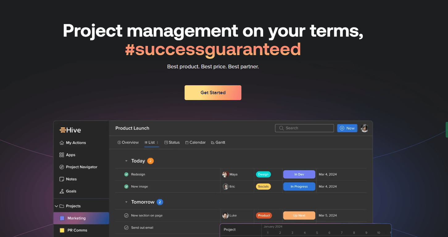 Hive project management interface with the slogan “Project management on your terms, #successguaranteed” and a “Get Started” button.