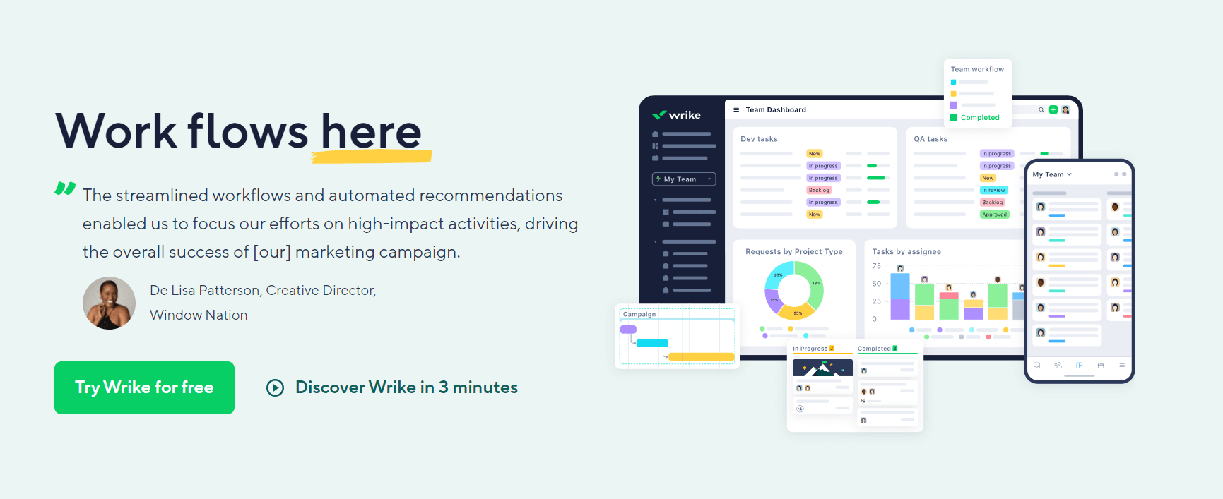 Wrike advertisement with testimonial on workflow automation, showcasing project management dashboards and charts. "Try Wrike for free" button.