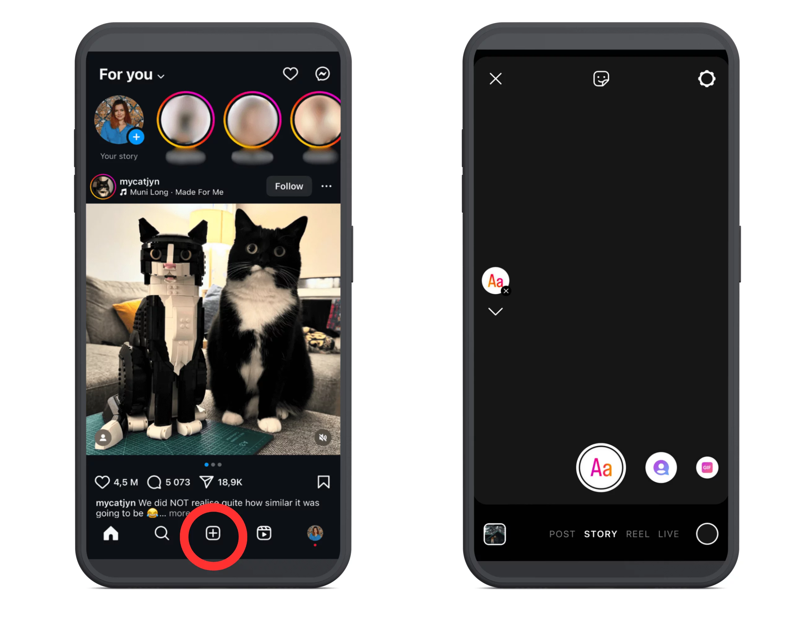 Two smartphone screens showing Instagram's interface: the "For You" feed on the left and story creation screen on the right.