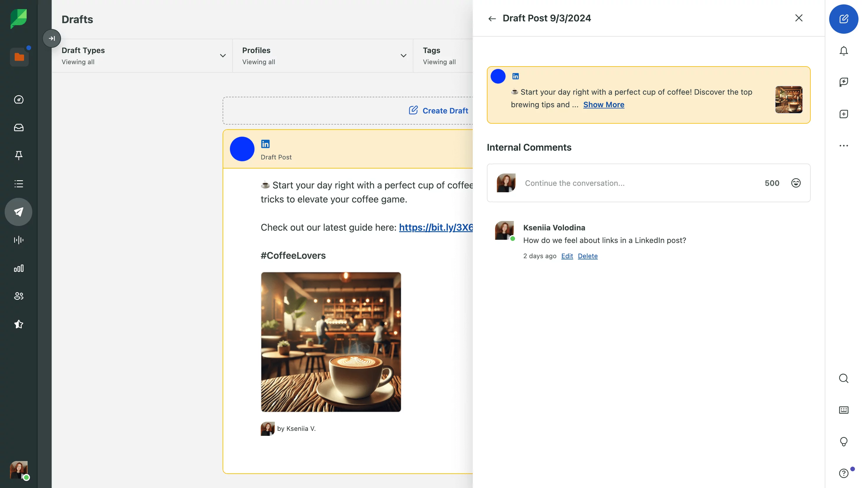 Draft of a LinkedIn post promoting a coffee guide in Sprout Social, featuring an internal comment questioning the effectiveness of links in LinkedIn posts.