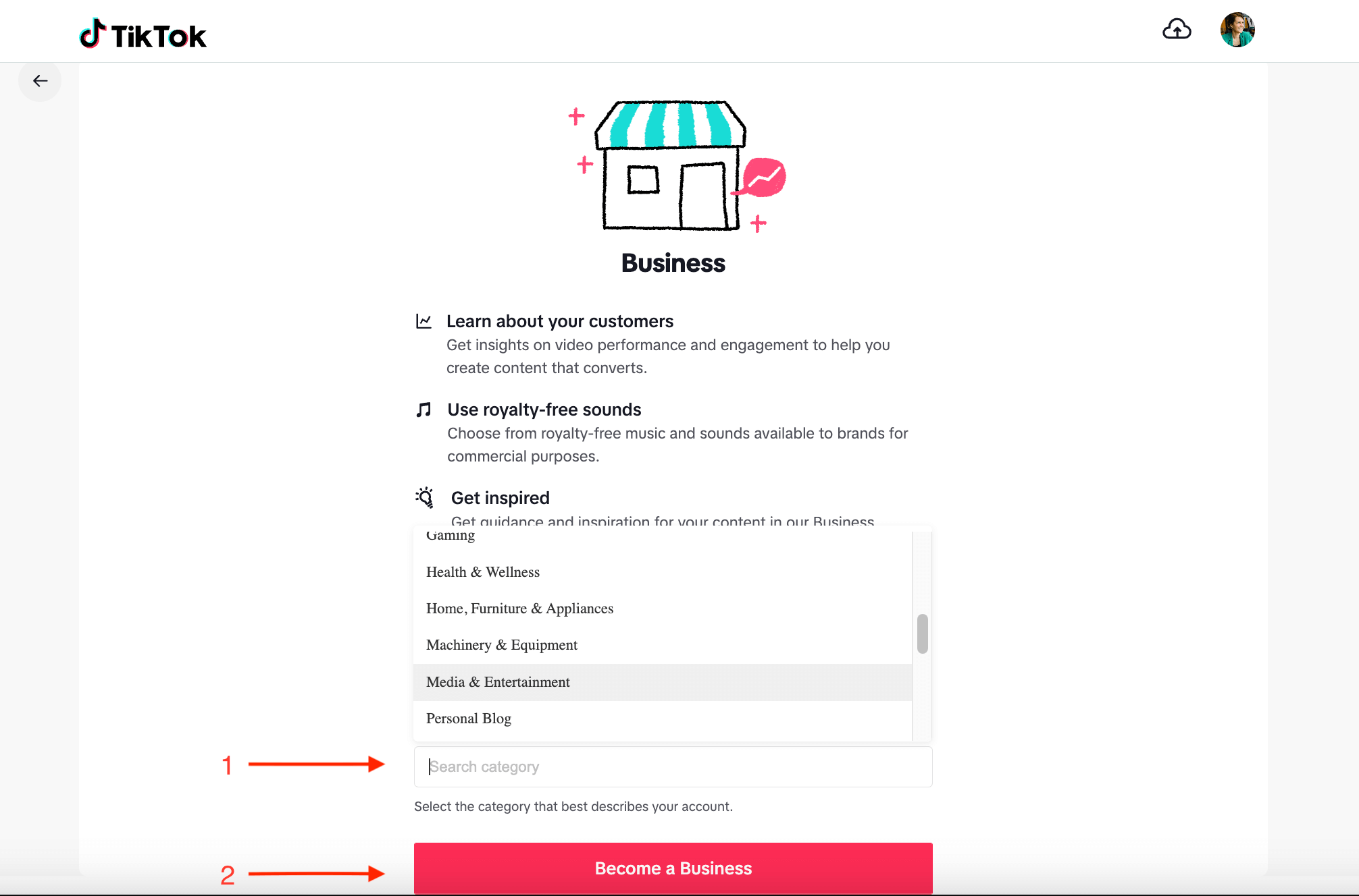 TikTok Business account setup page showing category selection options and a red "Become a Business" button at the bottom.