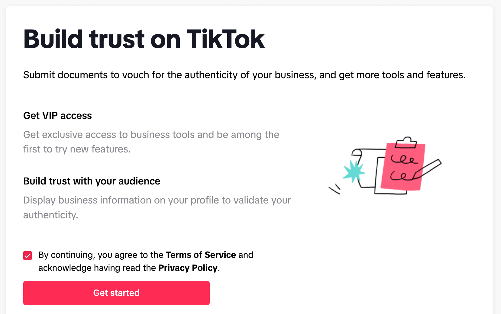 TikTok screen prompting users to build trust by verifying business authenticity, with options to access VIP tools and show business info.