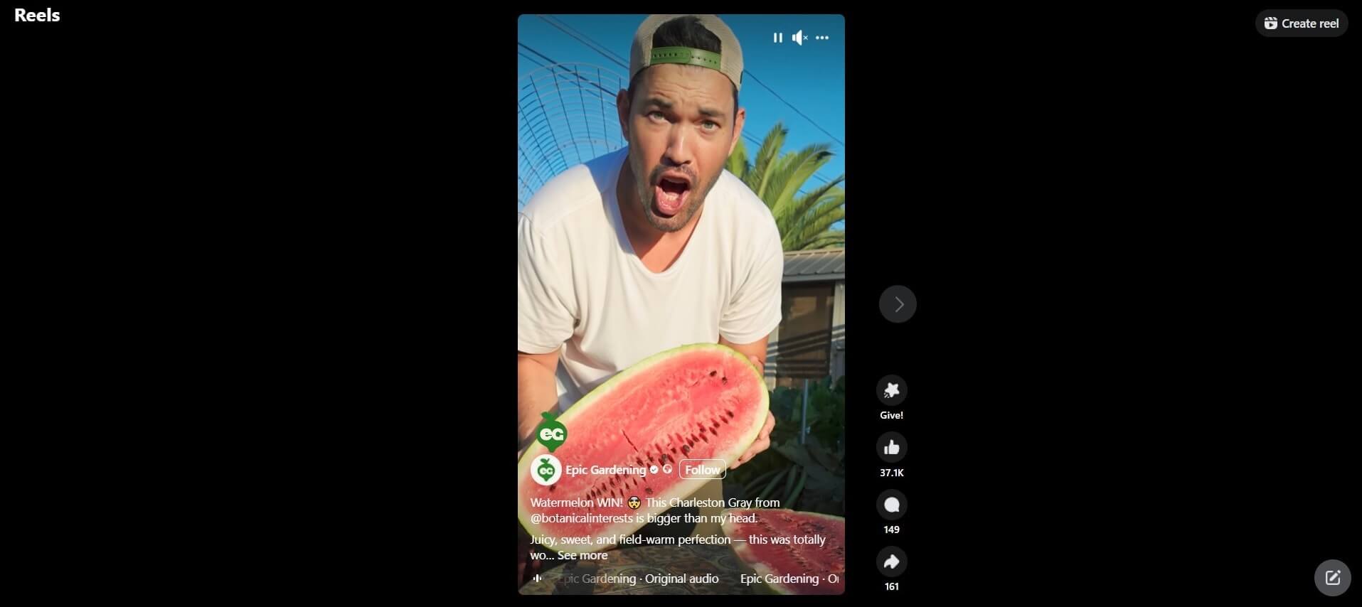 Reel by Epic Gardening featuring a man holding a large, freshly harvested watermelon with an excited expression.