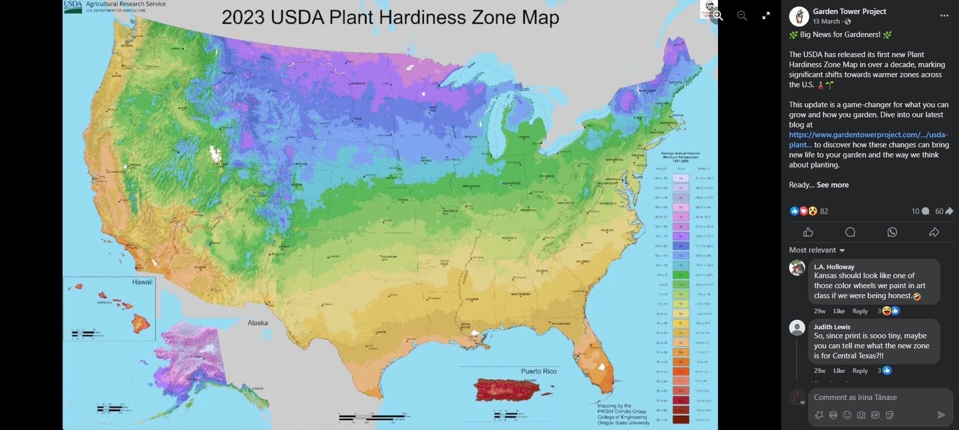 2023 USDA Plant Hardiness Zone Map highlighting climate zones across the U.S., shared in a Facebook post with gardening updates.