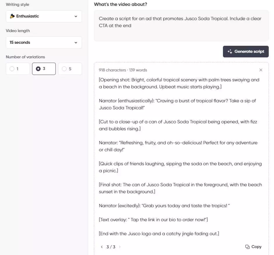 Screenshot of a script generator interface showing an enthusiastic 15-second ad script for Jusco Soda Tropical with a clear call-to-action at the end.