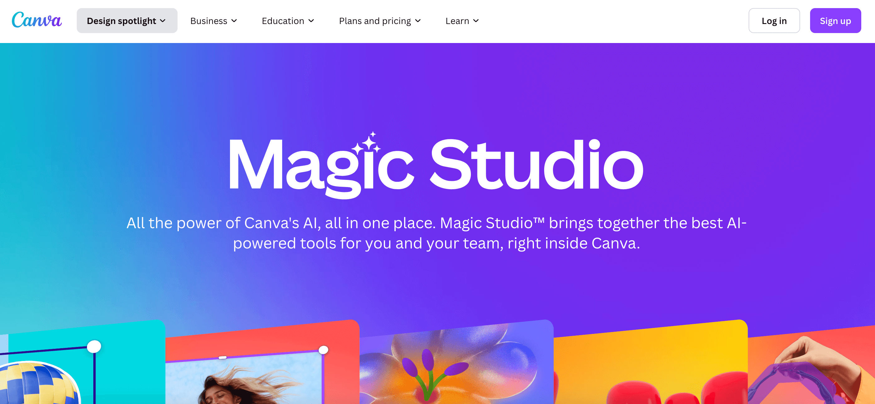 Canva's Magic Studio feature promoting AI-powered tools for design and collaboration in a vibrant, colorful interface.