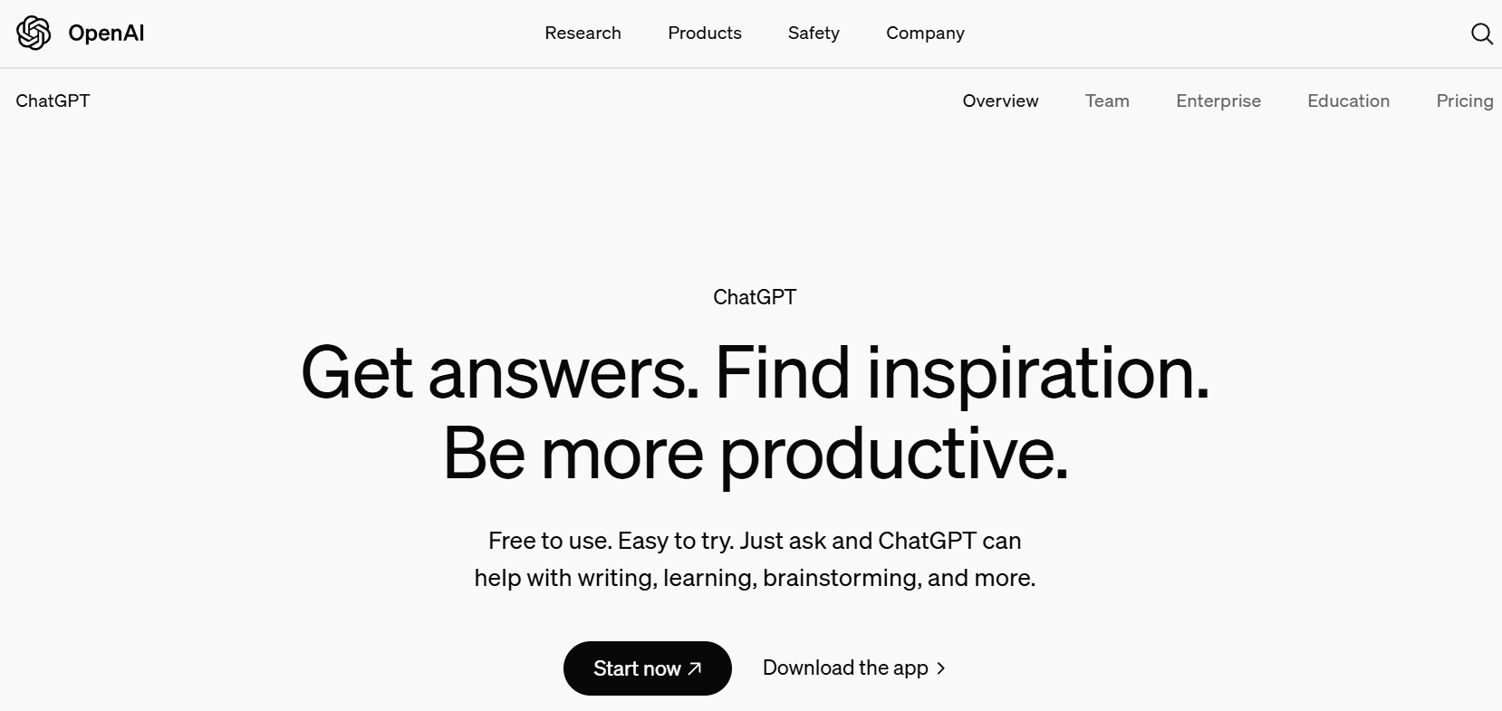 OpenAI's ChatGPT homepage promoting its AI tool for answering questions, brainstorming, learning, and enhancing productivity.