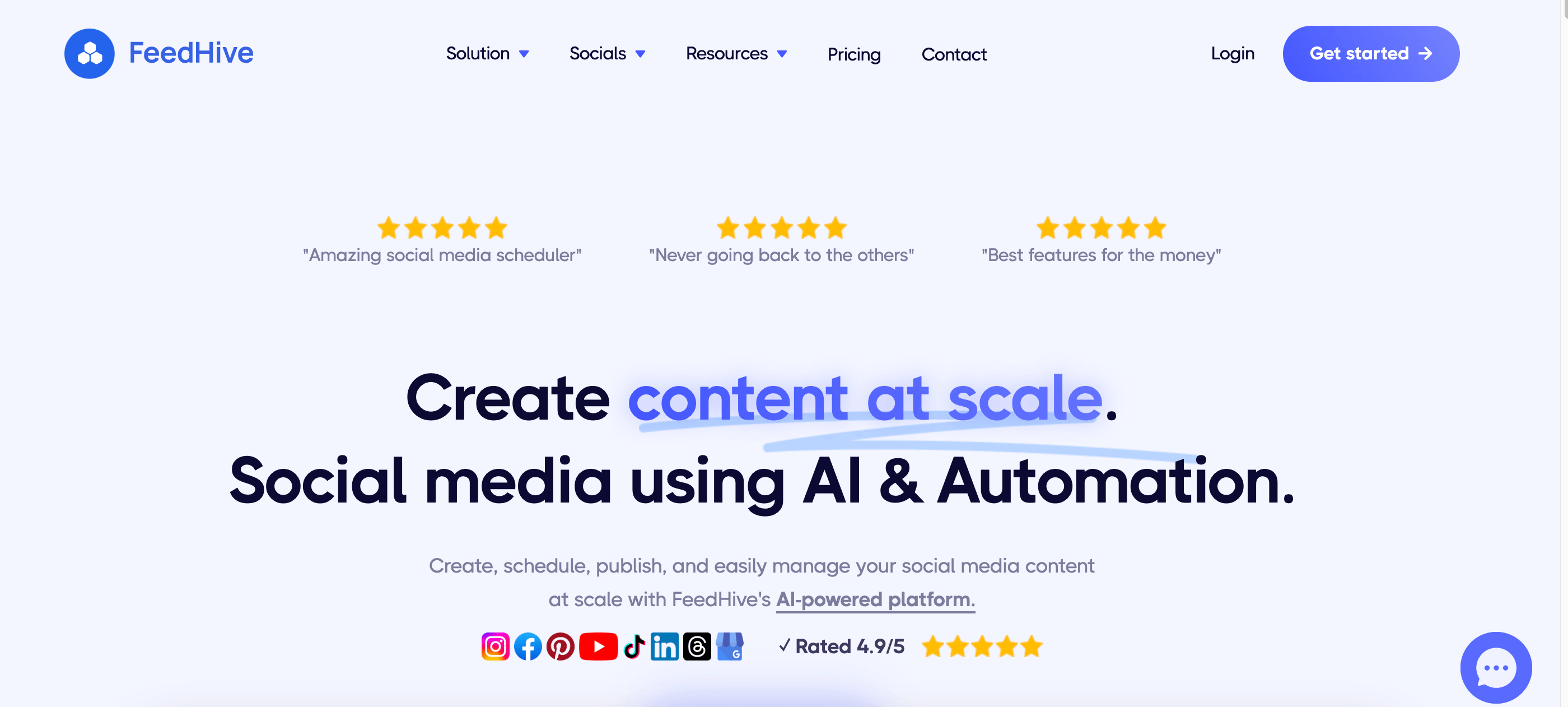 FeedHive homepage promoting AI and automation for creating, scheduling, and managing social media content at scale.