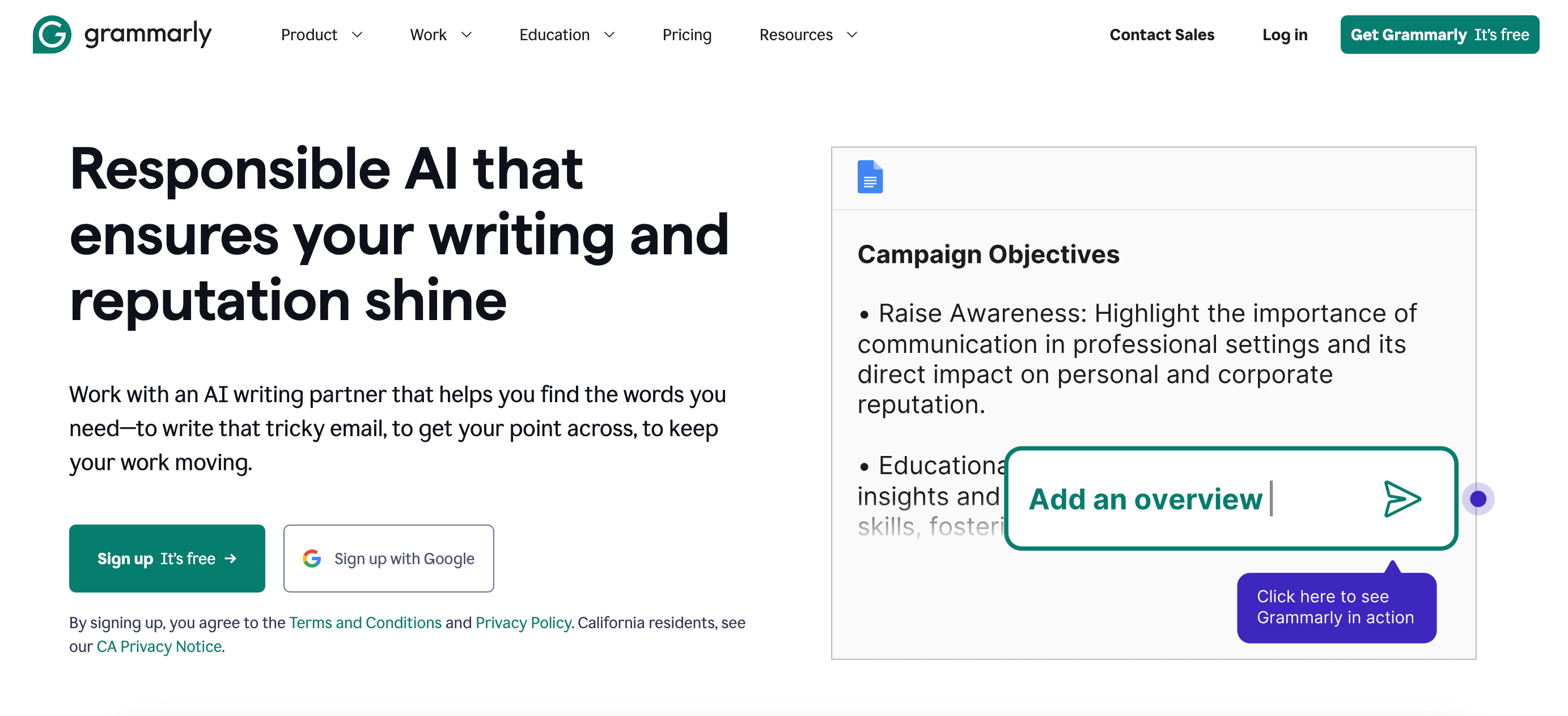 Grammarly homepage highlighting AI writing tools to enhance communication, featuring a document editor and "Add an overview" prompt.