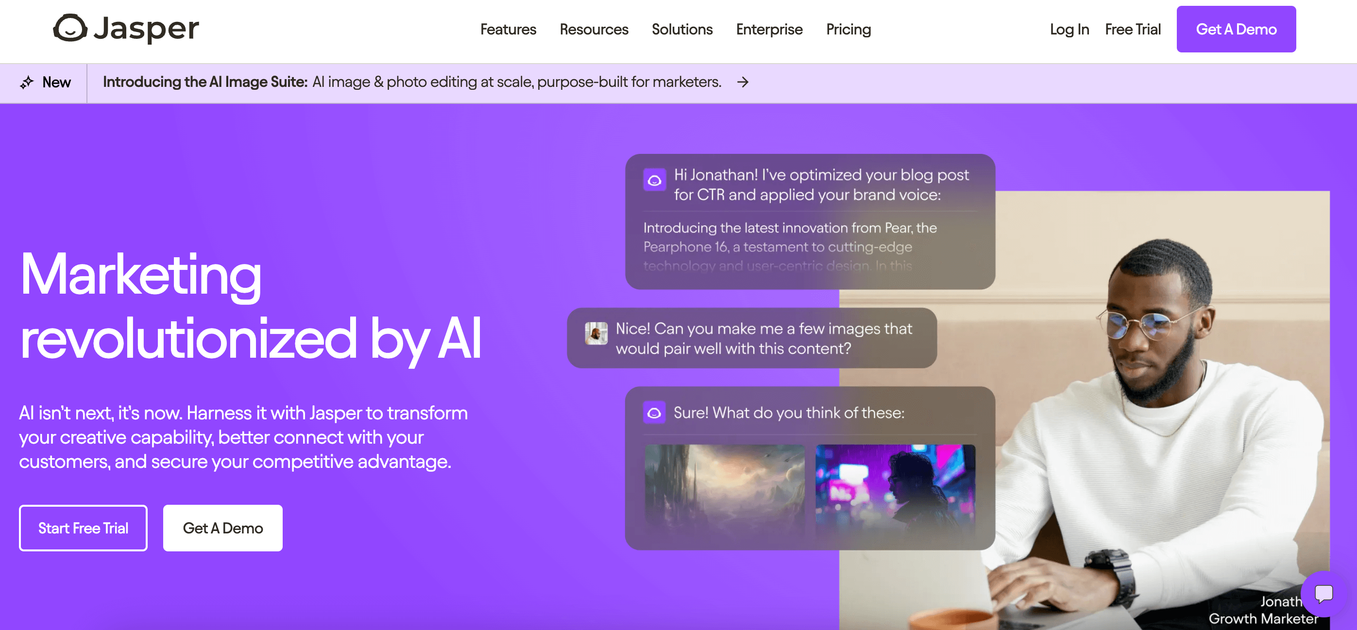 Jasper homepage showcasing AI-powered marketing tools with chat-based content creation and a user working on a laptop.