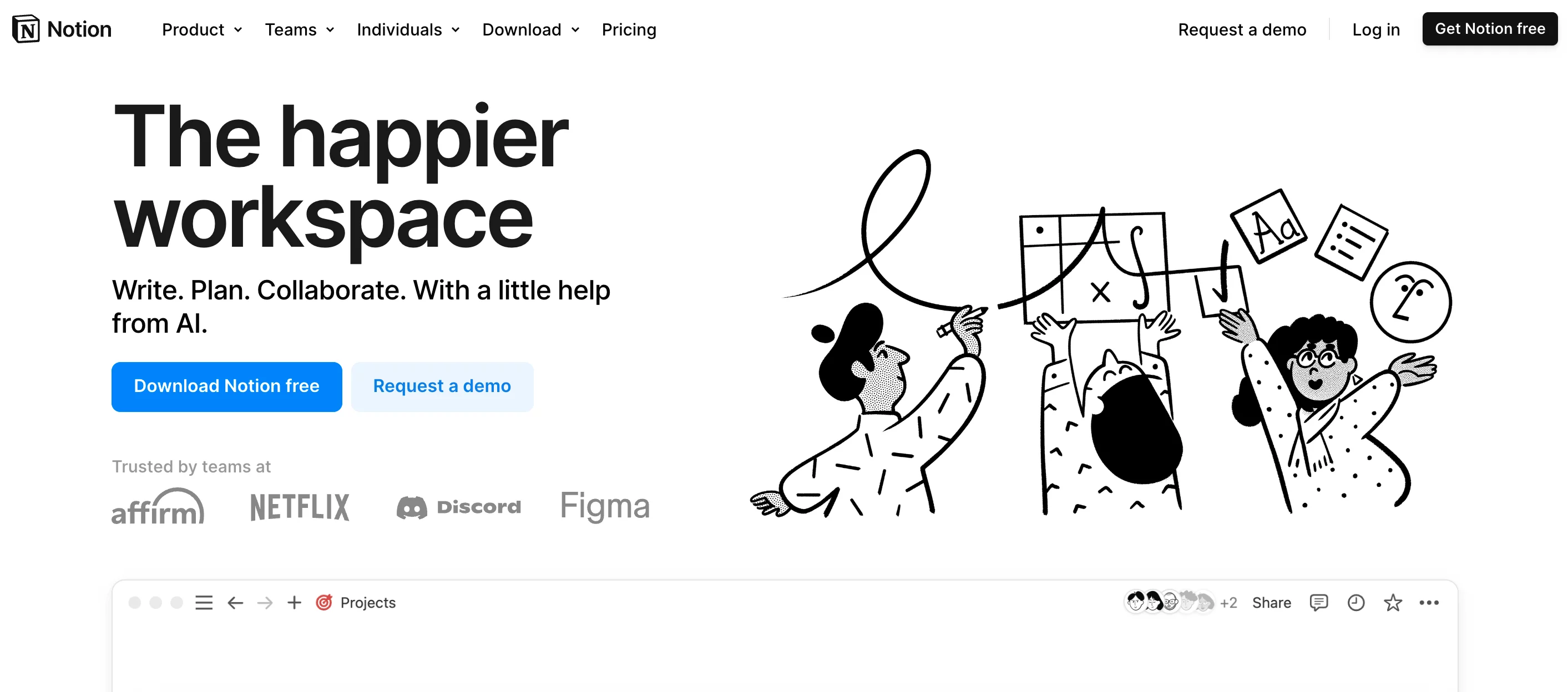 Notion homepage promoting collaboration, planning, and AI assistance with a black-and-white illustration of people working together.