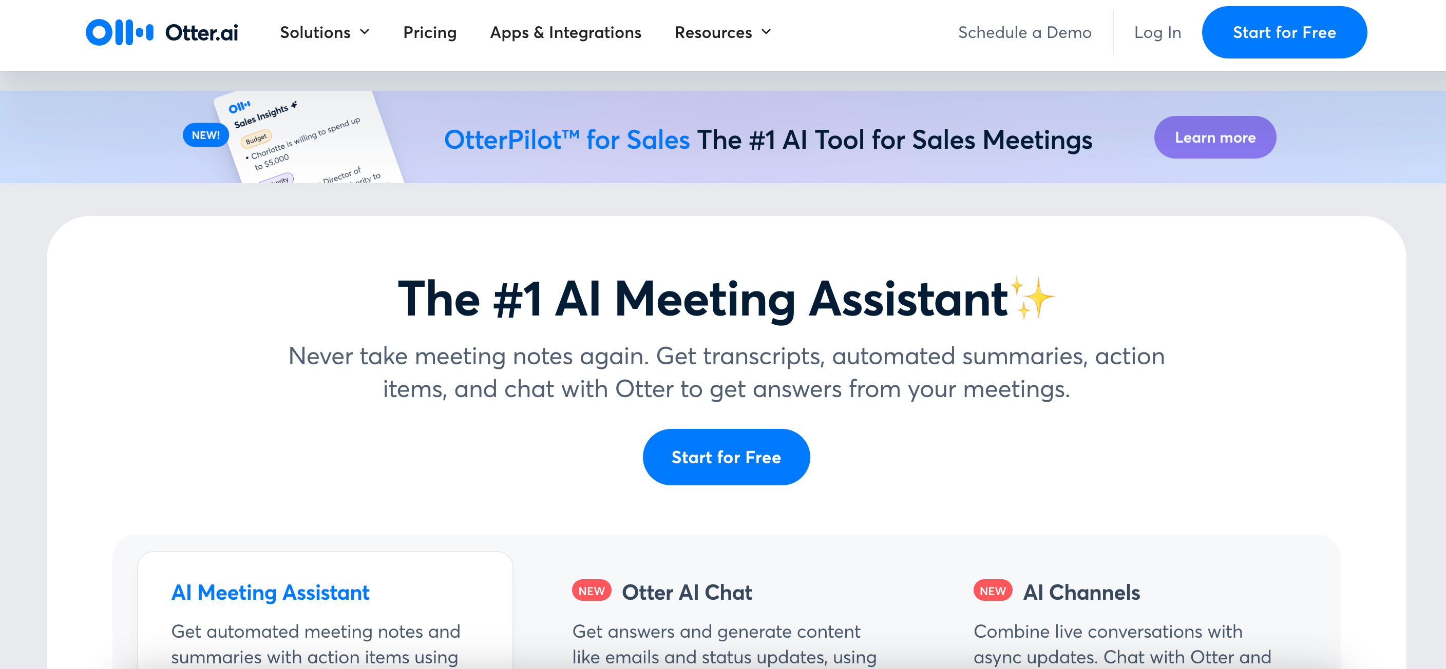 Otter.ai homepage promoting its AI meeting assistant for automated notes, summaries, action items, and chat features for productivity.