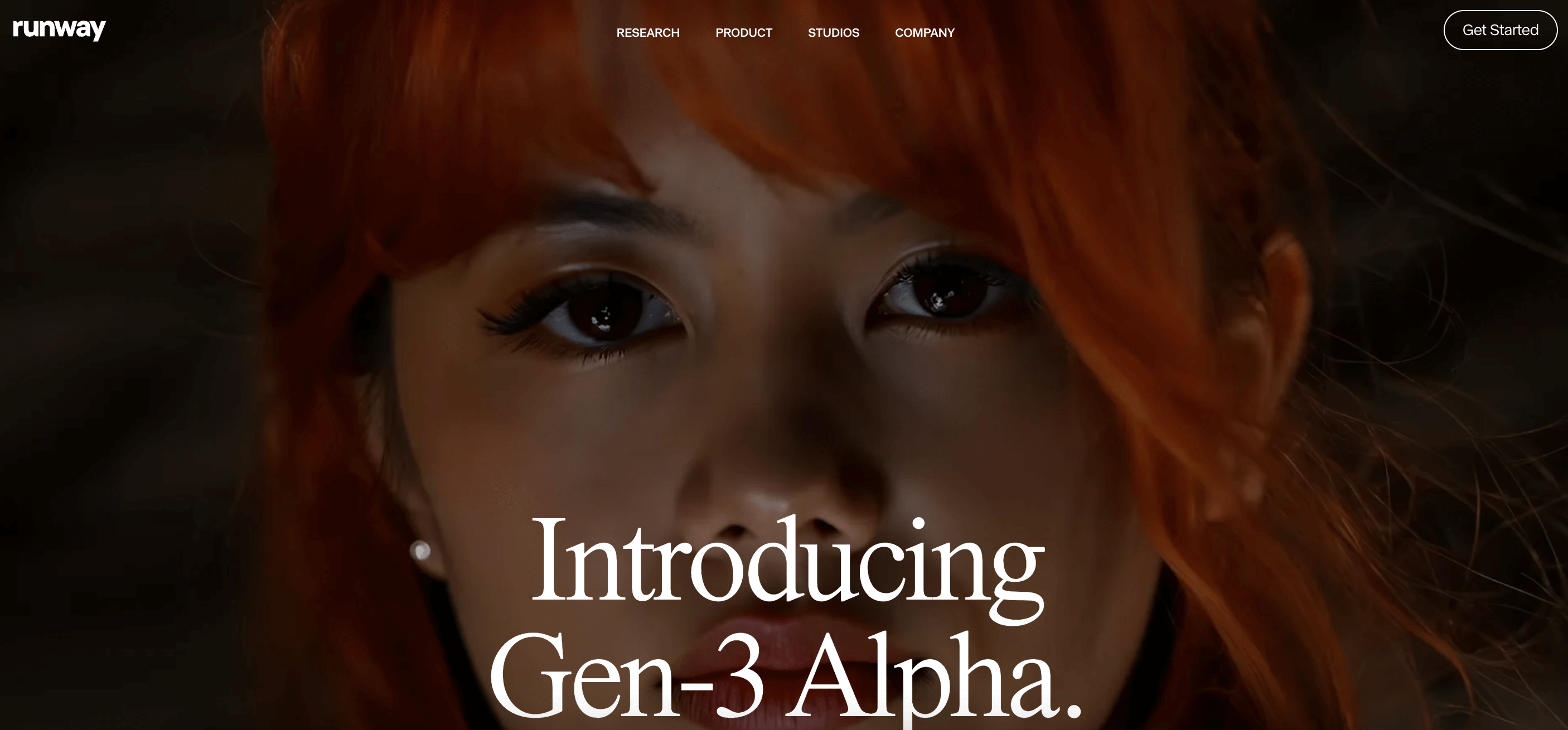 Runway homepage featuring a close-up of a person with red hair, introducing Gen-3 Alpha for advanced creative tools.