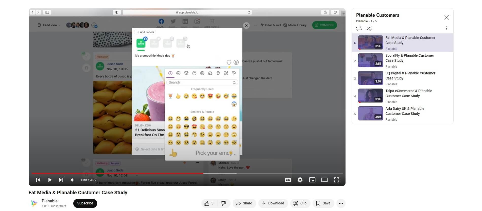 Youtube video tutorial of Planable showcasing emoji selection and label addition for a smoothie-themed social media post in Planable.