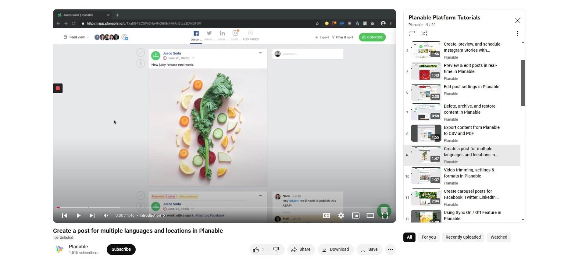 Tutorial video on creating posts for multiple languages and locations in Planable on Planable's YouTube account, with a preview of a vegetable-themed social media post.