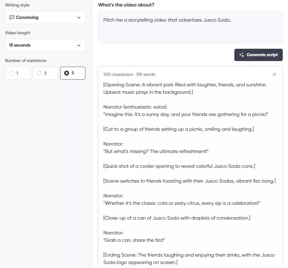 Screenshot of a script generator interface showing a convincing 15-second storytelling video script advertising Jusco Soda, set at a sunny picnic with friends.