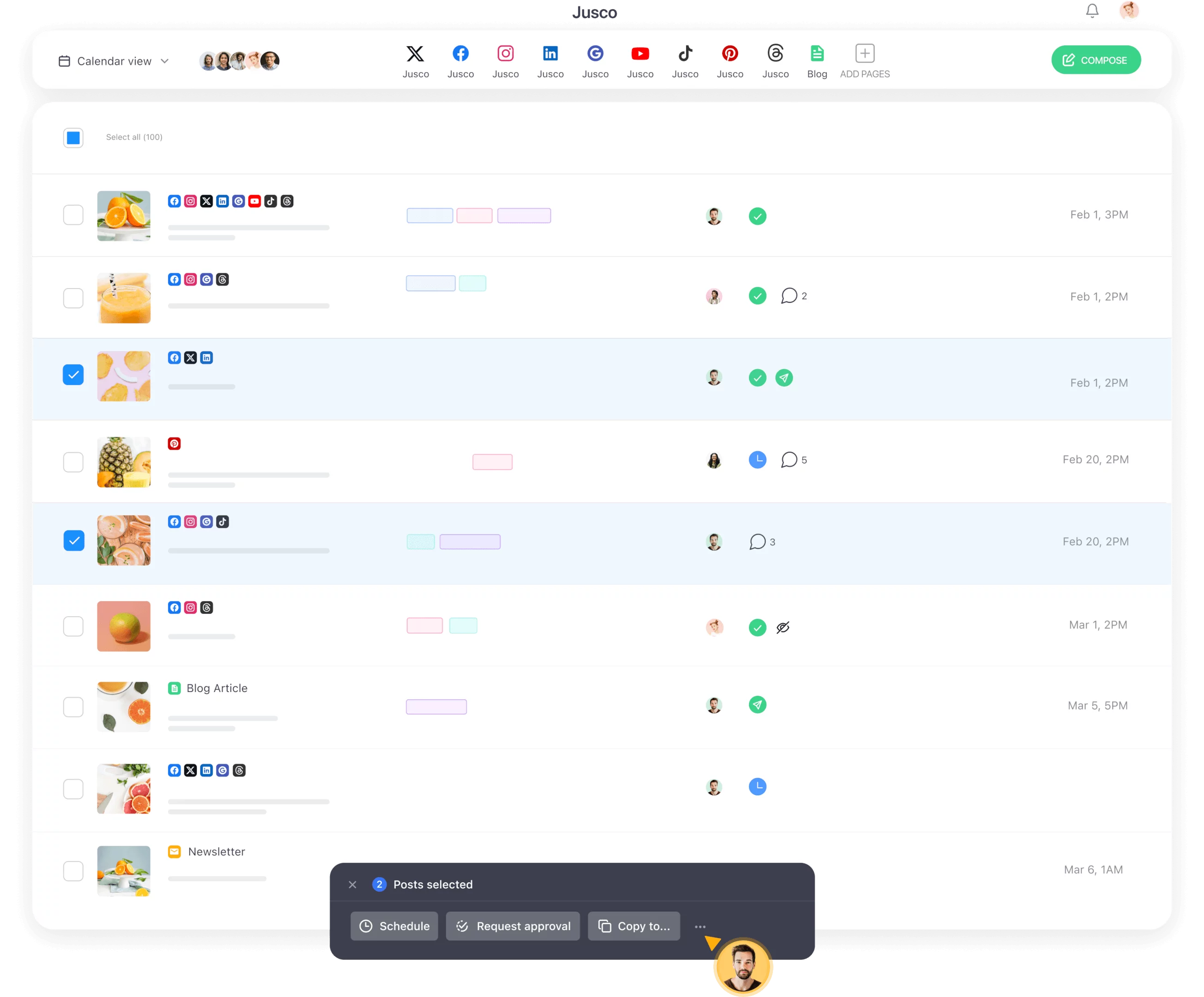 Content management dashboard in Planable displaying scheduled posts across platforms with statuses, engagement, and approval options.