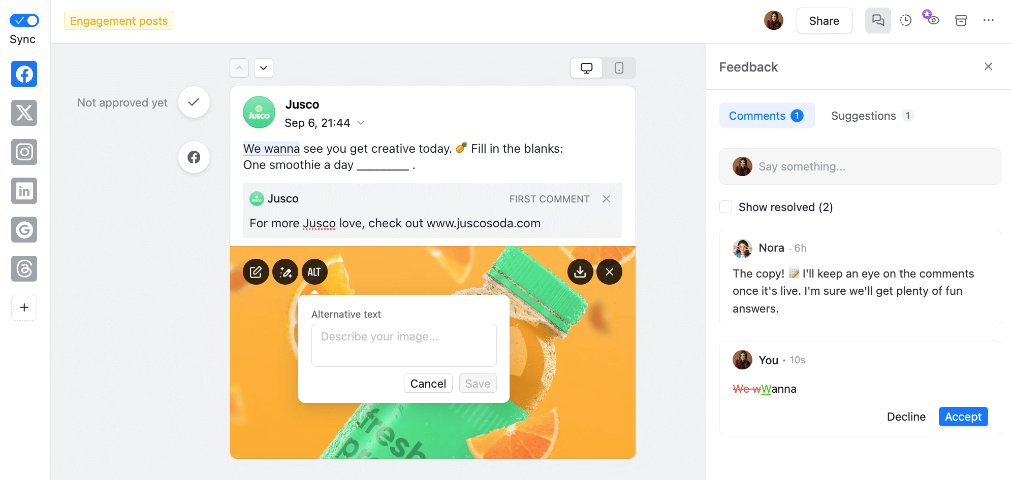 Social media post editor with a Jusco smoothie promotion, feedback comments, and an alt text field open for description input.