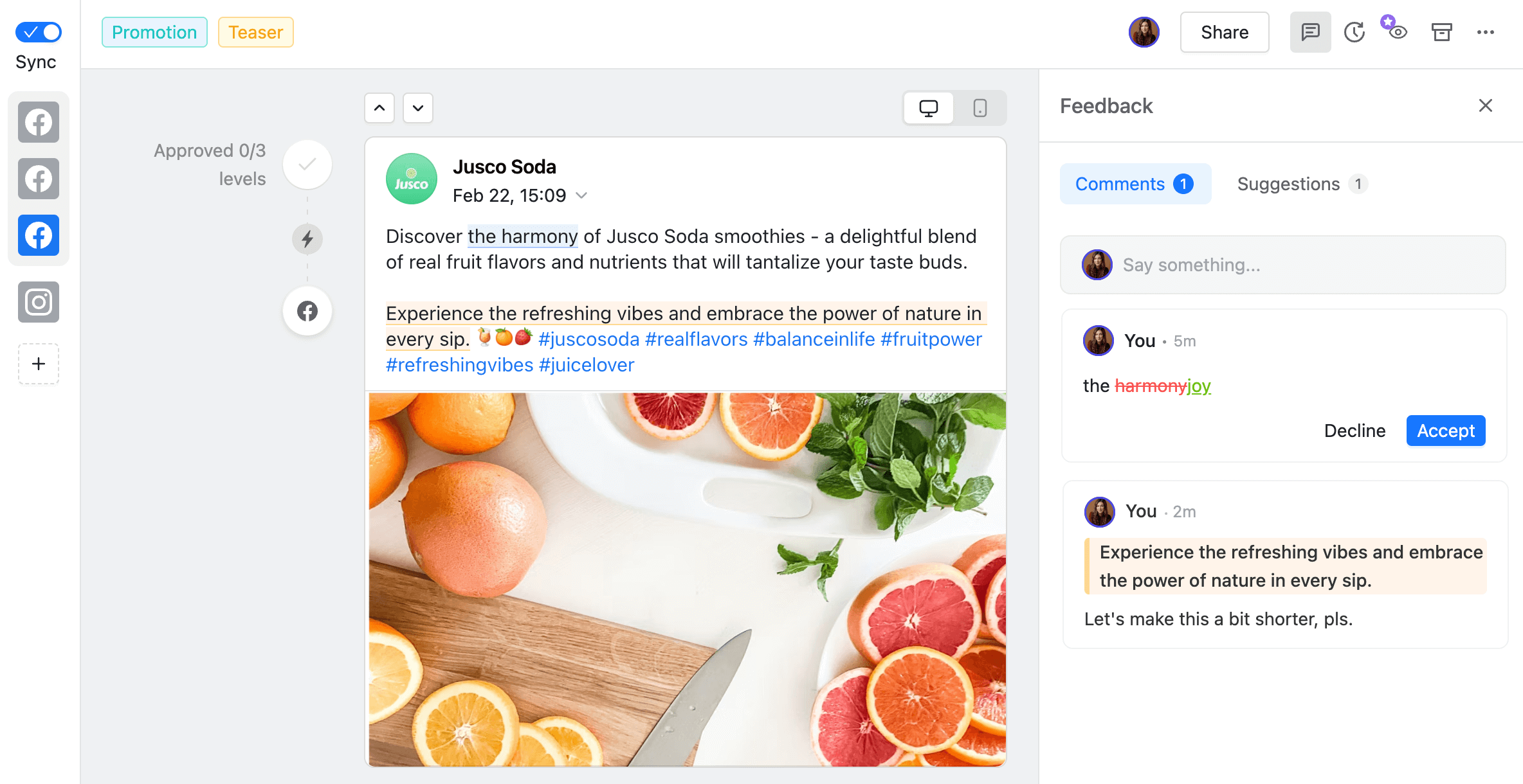 Planable's Facebook post editor for Jusco Soda with feedback on copy edits and approval progress, featuring citrus fruits in the image.