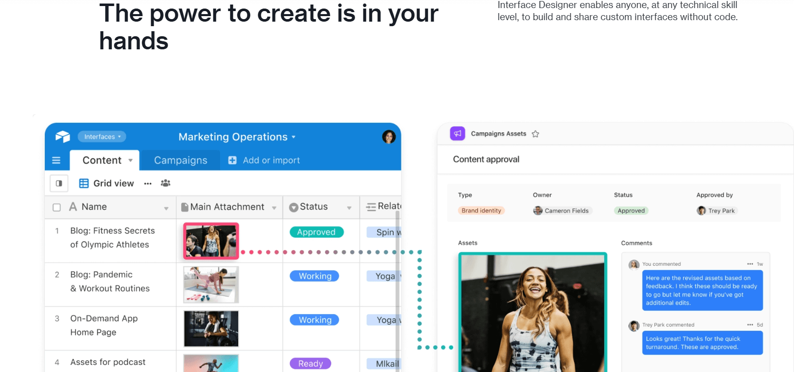 Interface showcasing Airtable's no-code tools for managing marketing operations, with content approval and project tracking features.