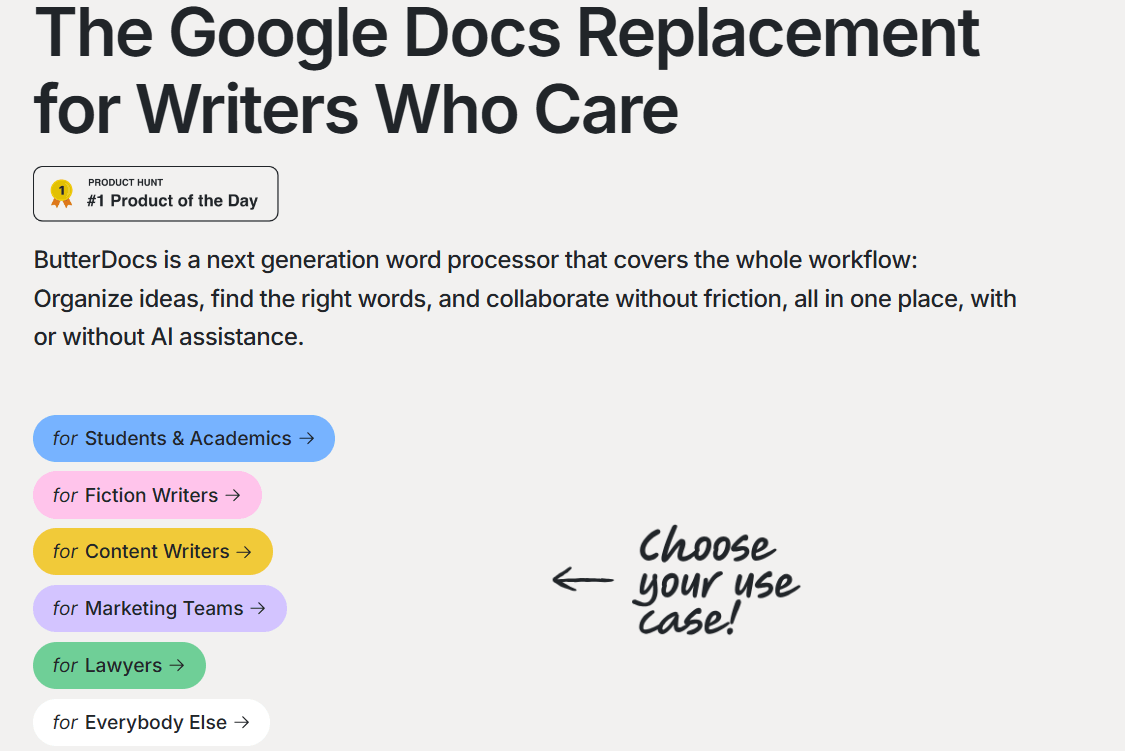 Promotional page for ButterDocs, a word processor for writers, offering tailored features for various user groups, including students and marketers.