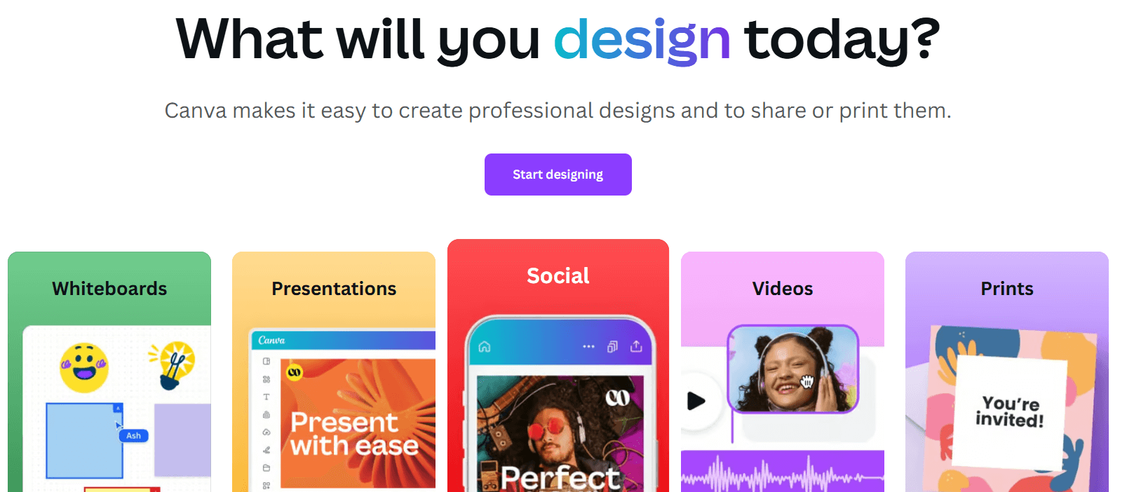 Canva homepage inviting users to design whiteboards, presentations, social media posts, videos, and prints with professional tools.