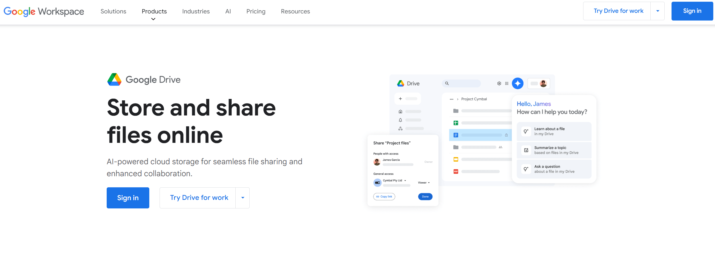 Google Drive landing page showcasing AI-powered cloud storage for file sharing, collaboration, and enhanced productivity tools.