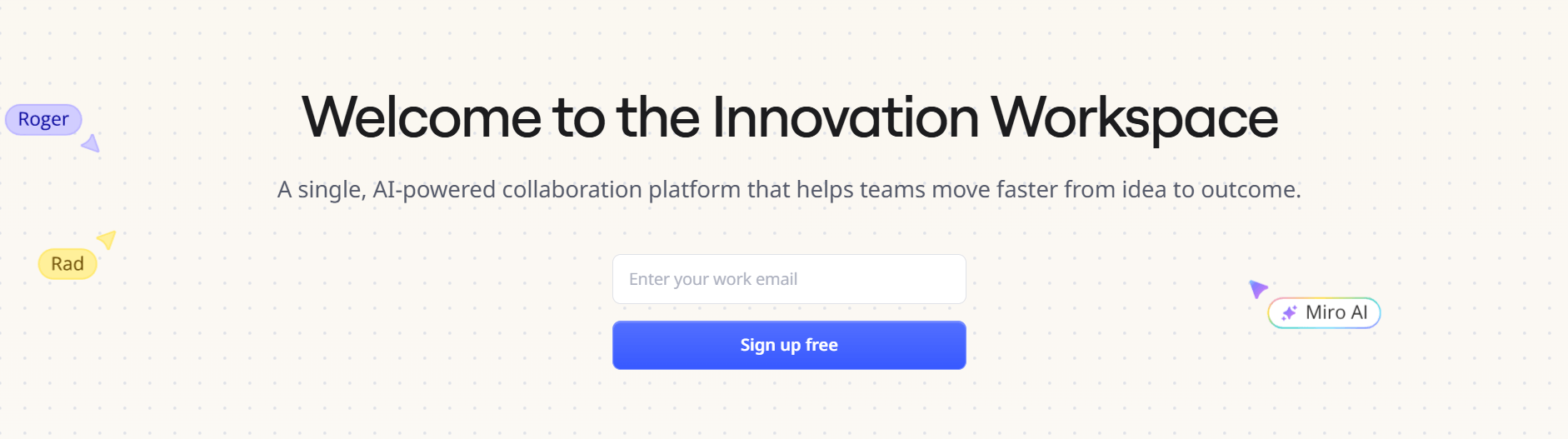 Miro's landing page for an AI-powered collaboration platform promoting faster team workflows from idea to outcome with free sign-up.