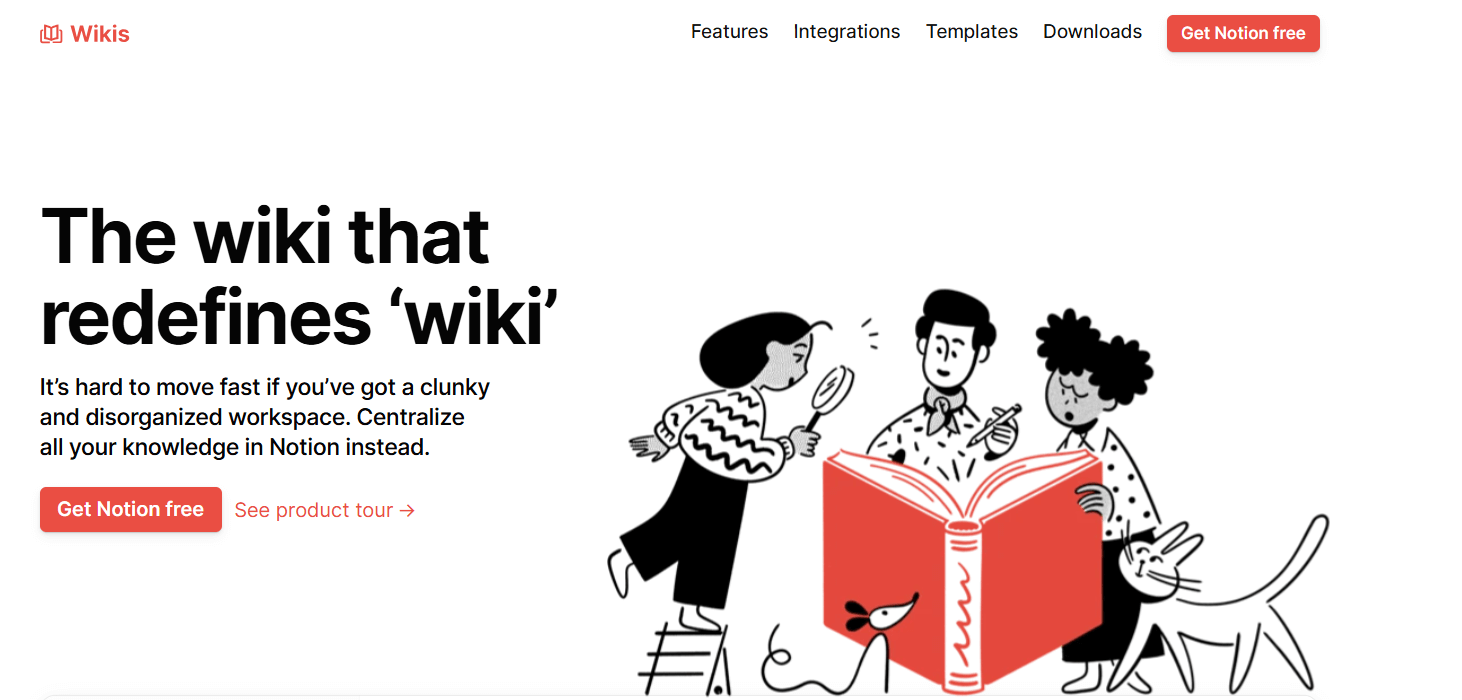 Notion landing page promoting a redefined wiki for centralized knowledge management, featuring a free signup option and product tour.