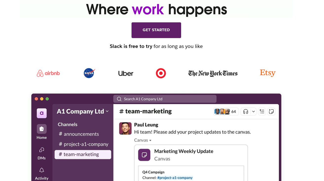 Slack homepage highlighting its collaboration platform with messaging channels, used by major companies like Airbnb, NASA, and Uber.