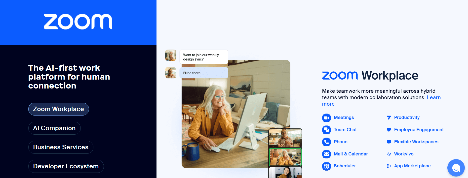 Zoom Workplace homepage promoting AI-powered collaboration tools for hybrid teams, including meetings, chat, and flexible workspaces.