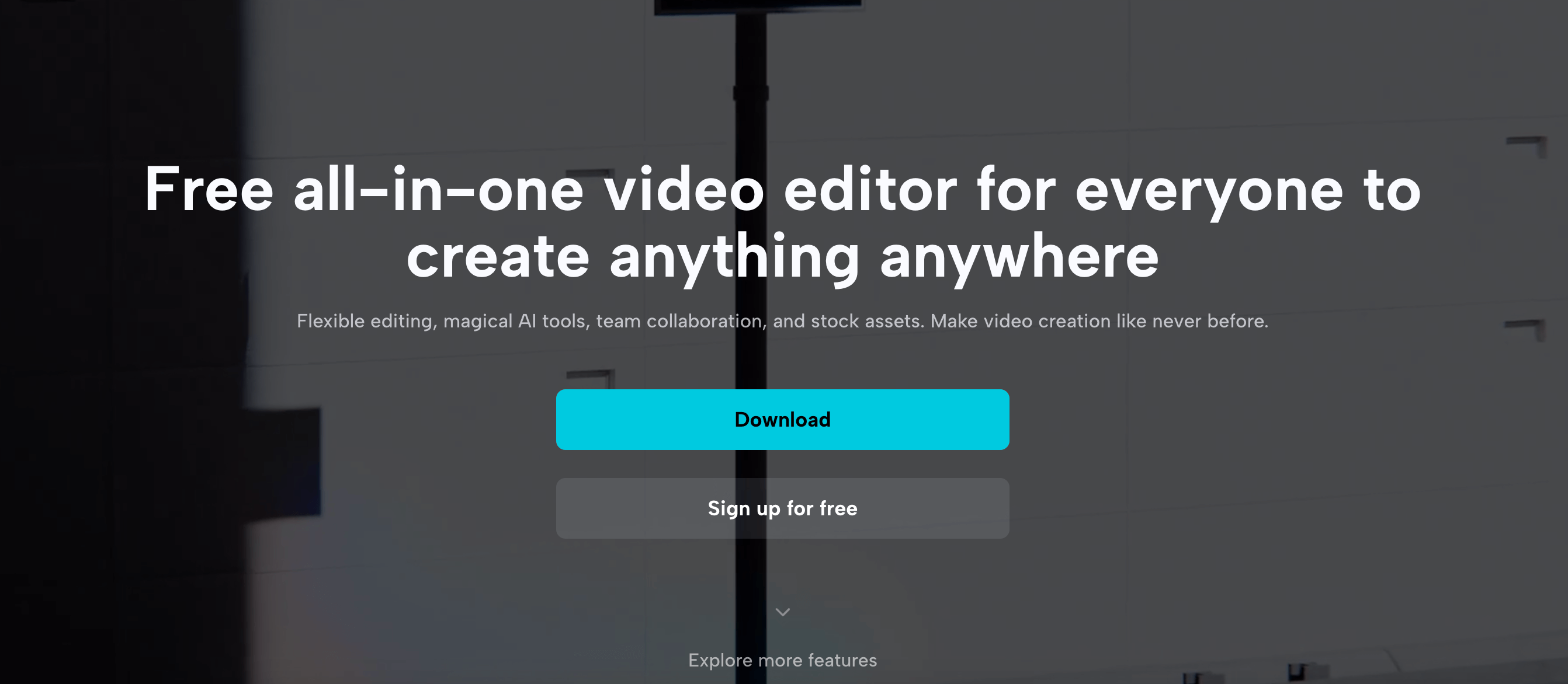 CapCut's homepage displaying a title promoting a free all-in-one video editor for flexible editing, AI tools, and collaboration, with "Download" and "Sign up for free" buttons.