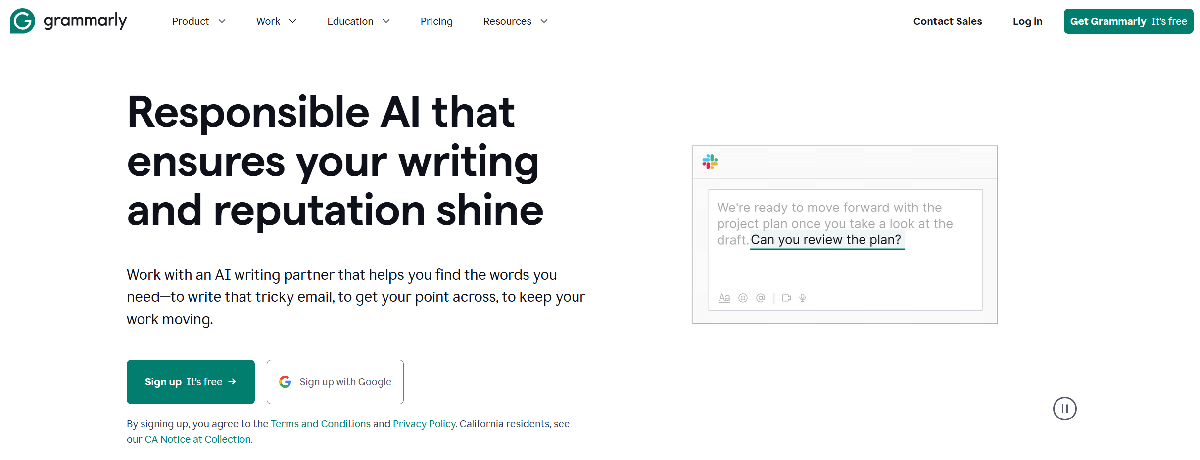 Grammarly homepage showing a Slack message with text suggestions and a tagline promoting AI-assisted writing for clarity and professionalism.