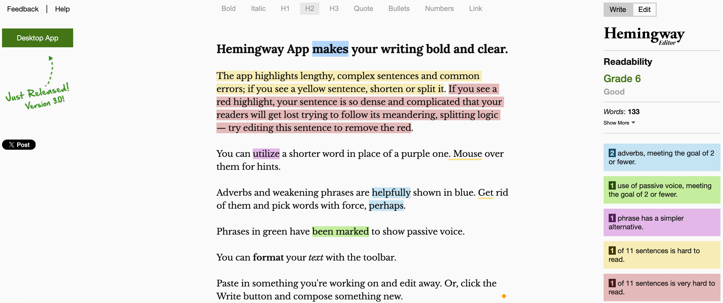 Hemingway Editor interface showing readability grade, sentence highlights for complexity, passive voice, and adverb usage suggestions.