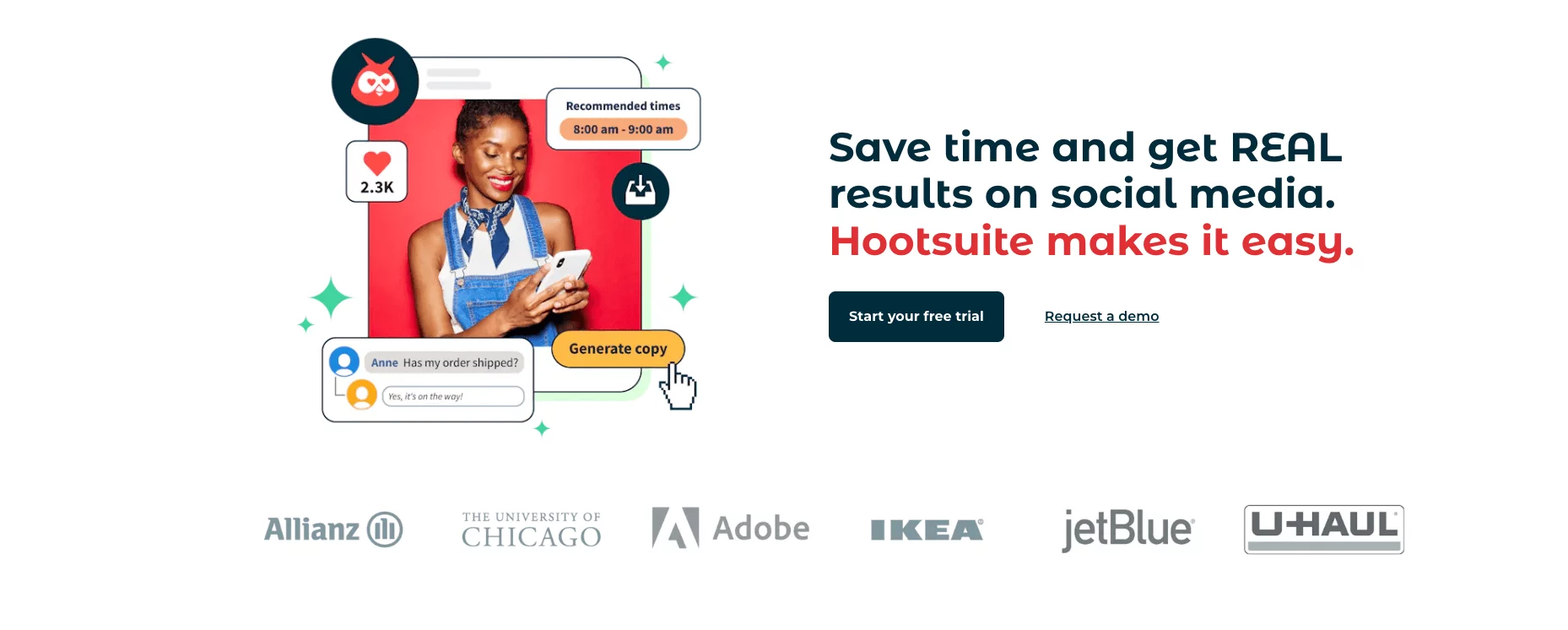 Hootsuite's homepage showcasing a smiling woman checks her phone, surrounded by social media engagement icons, promoting Hootsuite's easy-to-use social media tools and a CTA to try the free trial