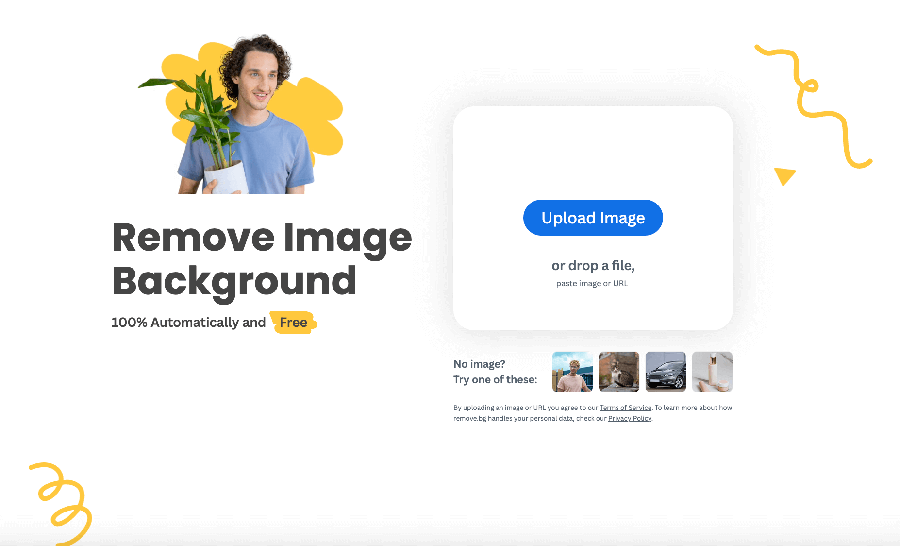 Remove.bg's homepage promoting free automatic background removal with an upload button and a person holding a plant on the left side.