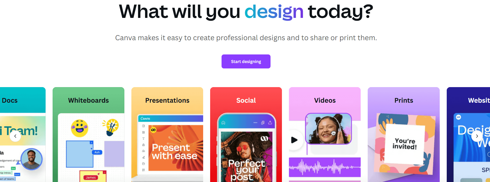 Canva's design categories including Docs, Whiteboards, Presentations, Social, Videos, Prints, and Websites with colorful visuals.