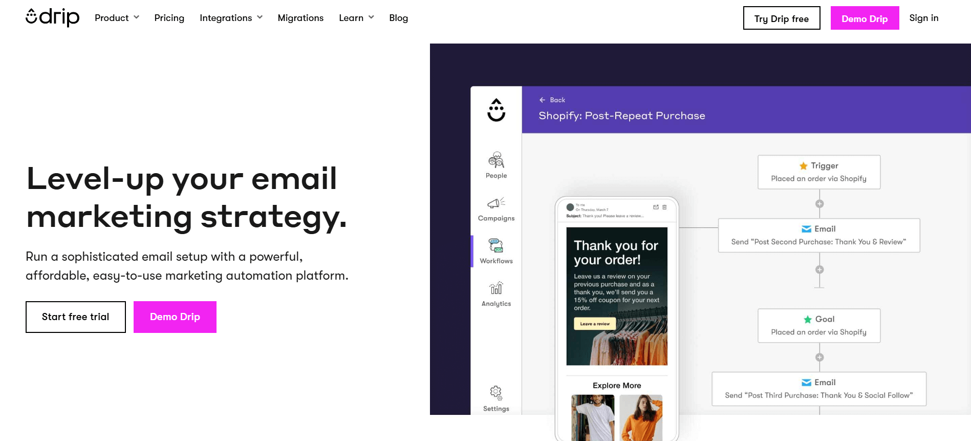 Drip email marketing interface showcasing Shopify workflow triggers, follow-up emails, and analytics for personalized automation.