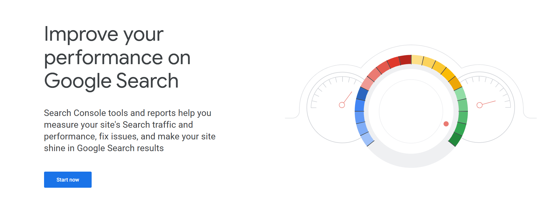 Google Search Console page highlighting tools to measure site performance, fix issues, and optimize search visibility with a performance gauge illustration.