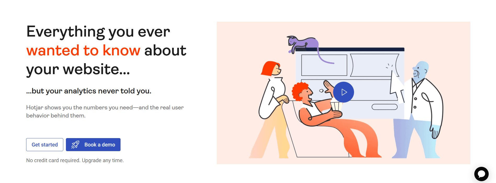 Hotjar's LP Illustration of people analyzing website behavior with it, emphasizing insights beyond traditional analytics.